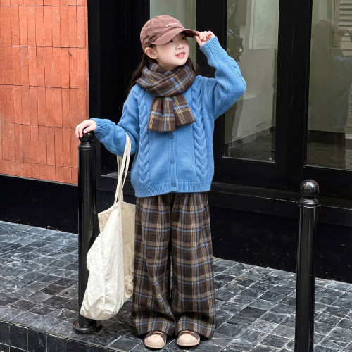 女童韩系套装麻花开衫格纹阔腿裤
