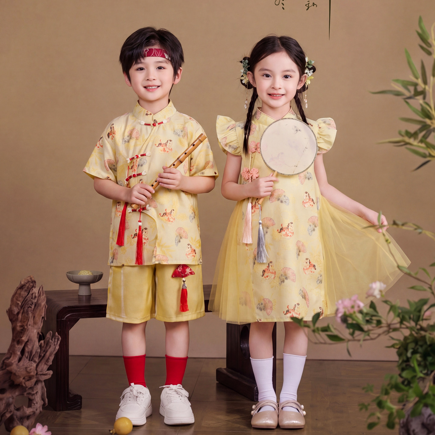 儿童汉服男童女童中国风黄色古装套装夏季短袖演出服节日表演服装