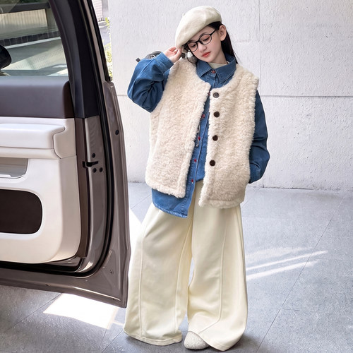 女童装秋冬季加绒衬衫马甲两件套