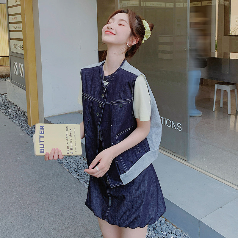 【现货】25夏装新款牛仔针织拼接马夹套装2C055-5055-P165控238,女装套装/套裙,2C055
