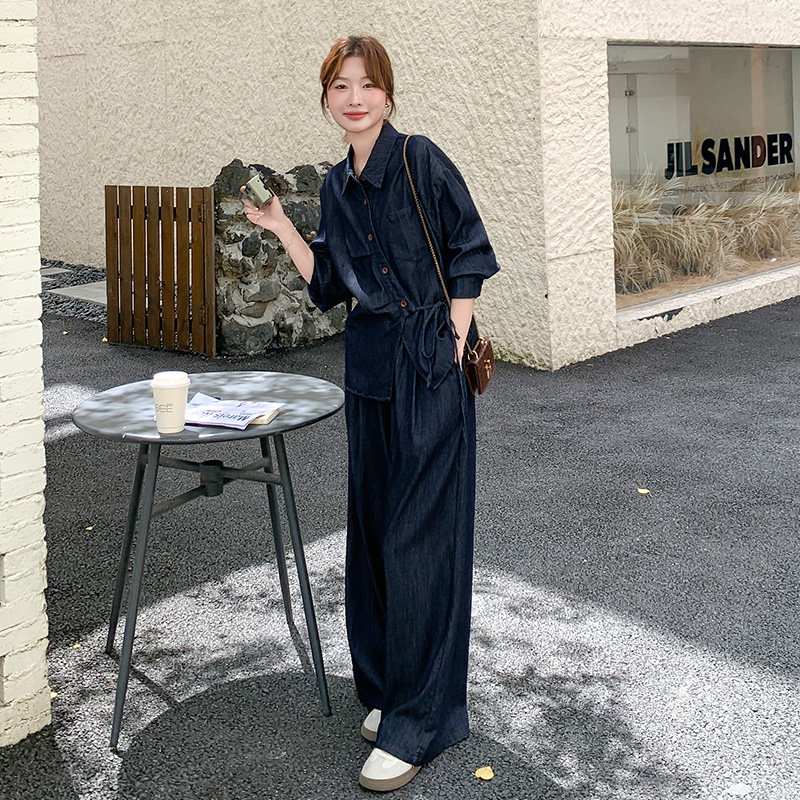 高级感复古牛仔套装女春秋2025新款超火好看漂亮衬衫阔腿裤两件套,女装套装/套裙,2C055