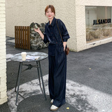 高级感复古牛仔套装女春秋2025新款超火好看漂亮衬衫阔腿裤两件套，女装套装/套裙，2C055