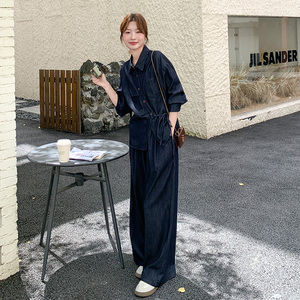 高级感复古牛仔套装女春秋2025新款超火好看漂亮衬衫阔腿裤两件套图片