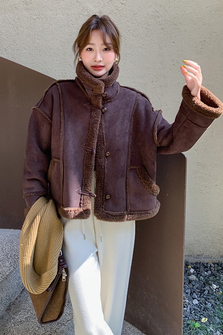 复古皮毛一体羊羔毛外套女2025冬季新款高级感加厚麂皮绒机车棉服,女装短外套,2C055