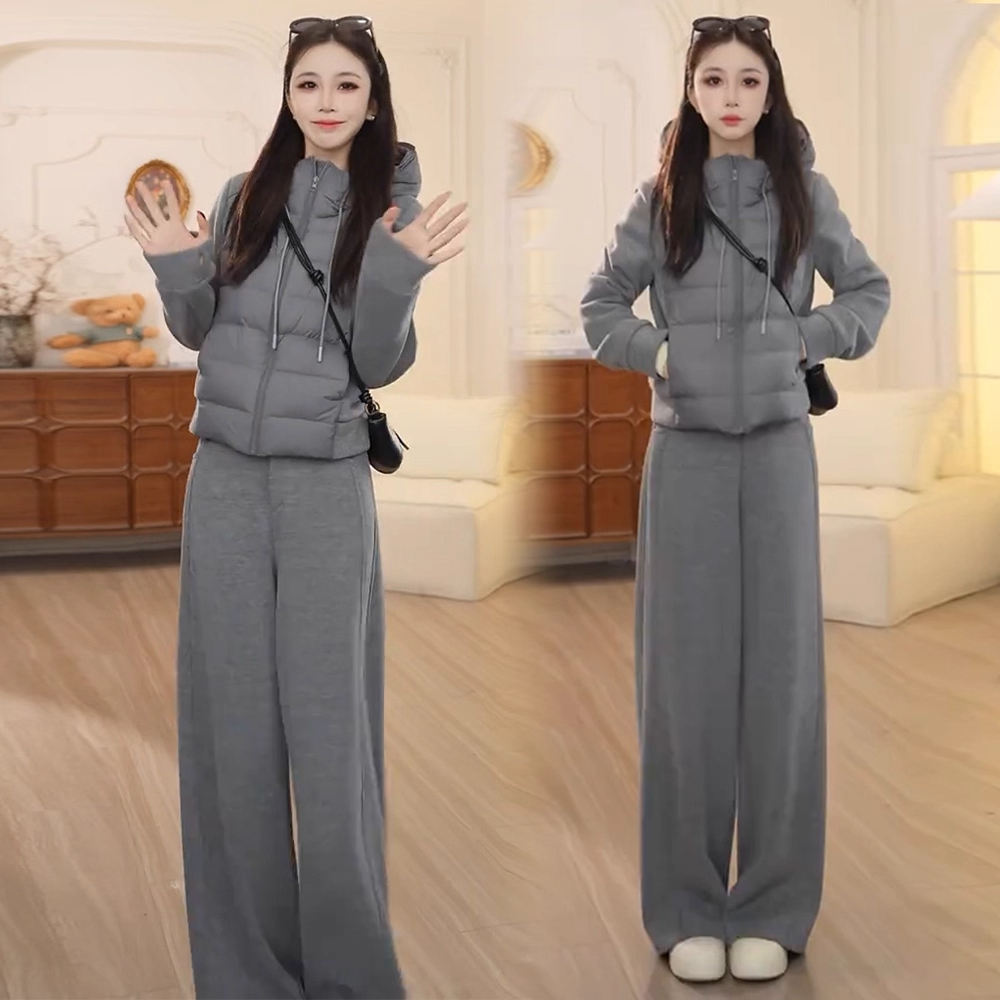 时尚棉服套装女2025冬季新款显瘦棉衣休闲连帽外套直筒裤两件套潮