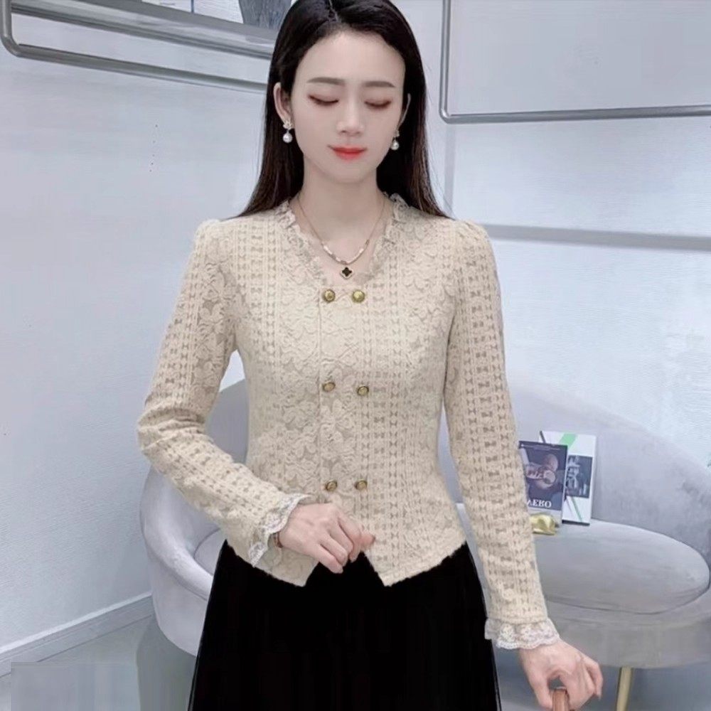 时尚法式蕾丝衫女2025秋季新款洋气显瘦小个子短款打底衫修身上衣