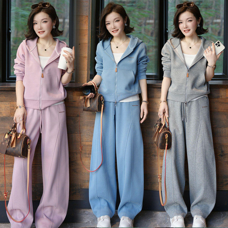 休闲运动套装女2026春季新款宽松显瘦连帽卫衣外套阔腿裤两件套潮