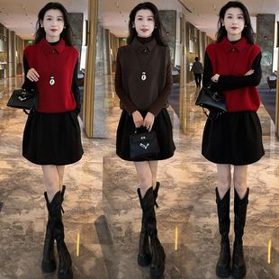 时尚套装裙女2025冬季新款洋气显瘦叠穿针织马甲背心短裙三件套潮