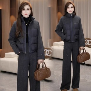 小个子减龄时髦显瘦棉服外套阔腿裤 高级时尚 新款 女冬季 两件套 套装