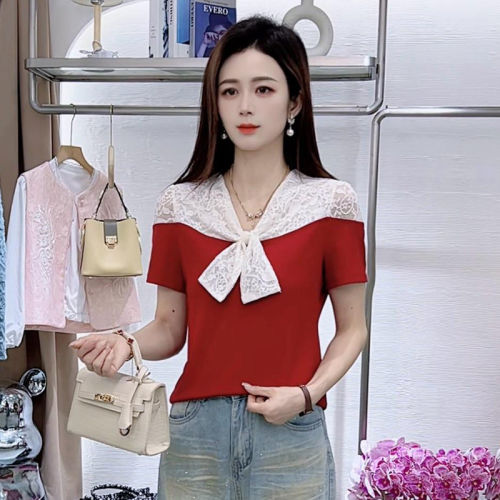 夏新蕾丝拼接显瘦短袖T恤女