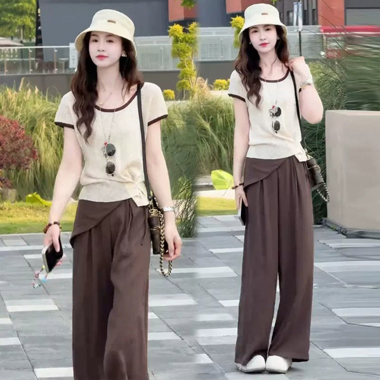 时尚套装女2026夏季新款洋气撞色短袖薄款针织上衣休闲裤两件套潮