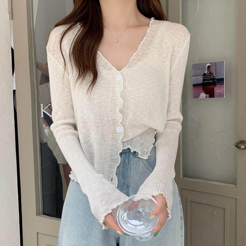冰丝防晒衣女款2026新款夏季薄款领针织开衫外搭罩衫空调衫上衣 - 实物图