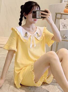 睡衣女夏季纯棉短袖薄款可爱菠萝公主风两件套装大码绵绸家居服