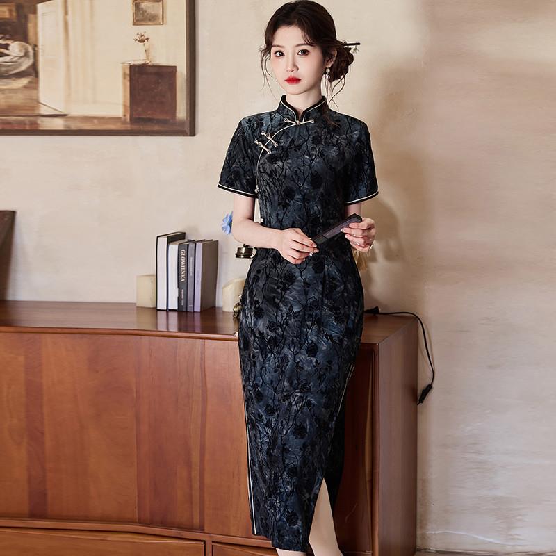 黑色桑蚕丝旗袍2025款夏季修身新中式真丝连衣裙国风女装修身长款