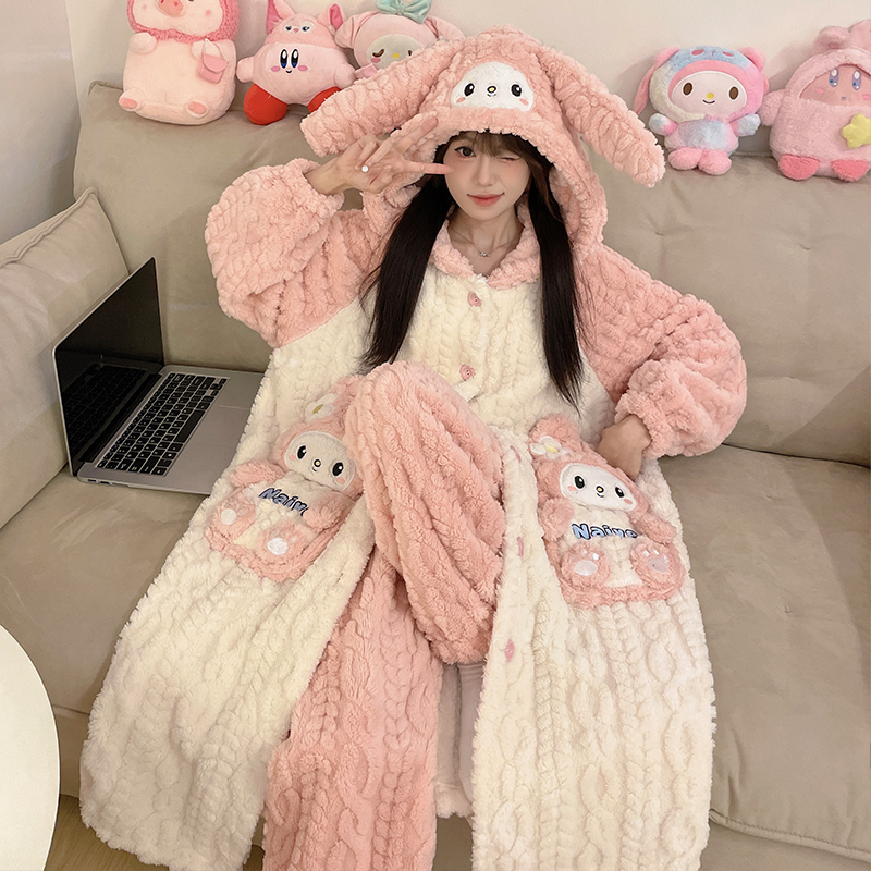 儿童睡袍女孩秋冬季加厚加绒法兰绒长款女童睡衣大童珊瑚绒美乐蒂