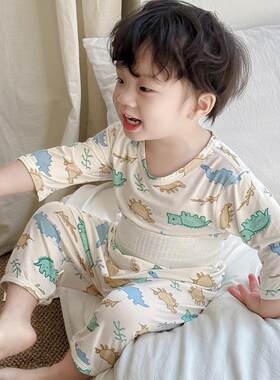 夏季宝宝睡衣高腰护肚儿童家居服薄款男女童莫代尔空调服套装冰丝