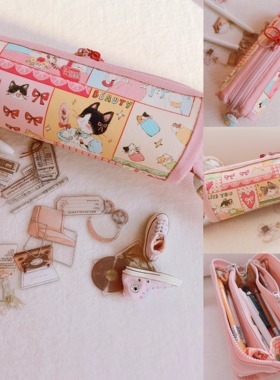 EVA布语可爱猫猫粉系卡通蛋卷口金支架拉链分隔层文具大容量笔袋