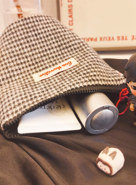 EVA布语经典千鸟格羊毛黑白气质OL圆桶ins便携包中包收纳包化妆包