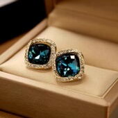 设计师 Glam Dani 法国 法式 轻奢蓝色水晶耳饰小众设计方形耳钉