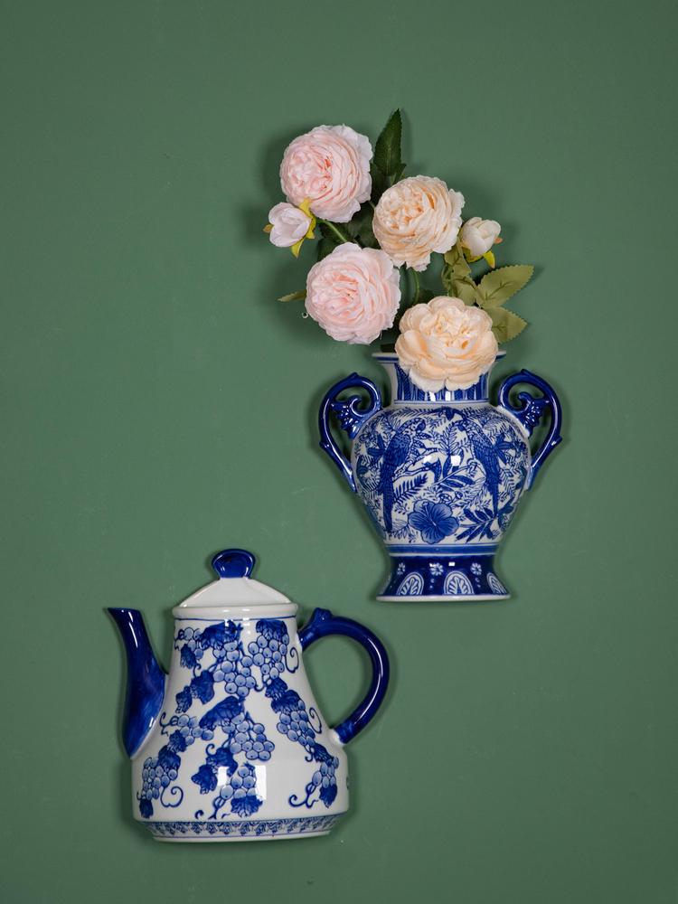 英国老货手绘青花瓷挂壁花瓶 陶瓷半身瓶装饰挂件新中式陶瓷壁饰