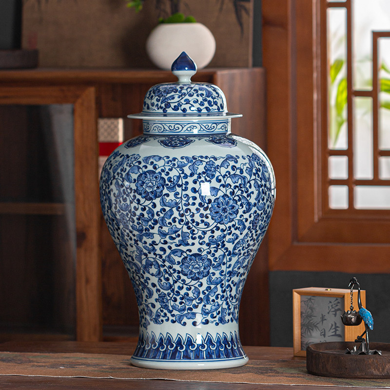 景德镇纯手绘缠枝莲落地大将军罐仿古陶瓷摆件瓶内上釉高档花瓶