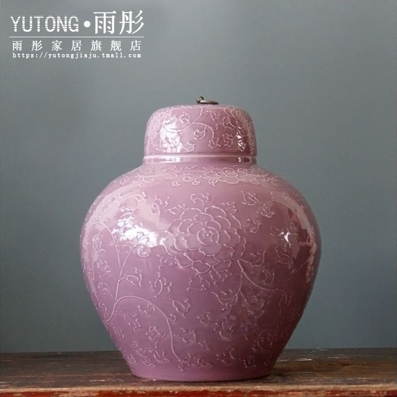 玄关收纳摆件麦穗干花花瓶景德镇陶瓷手工浮雕单色釉圆罐装饰客厅