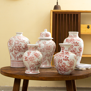 红色陶瓷花瓶摆件新中式 饰北欧冬青果仿真花插花摆设 客厅玄关柜装