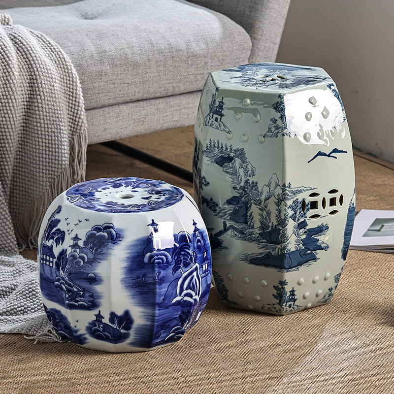 老陶泥原矿泥高温陶瓷鼓凳山水图案景德镇陶瓷瓷墩 绣墩 鼓凳