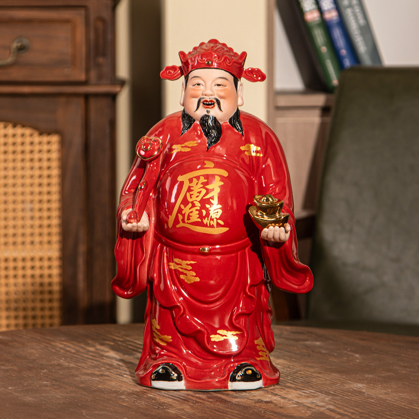 景德镇红色陶瓷文财神摆件 财源广进招财吉祥陶瓷工艺品开业送礼
