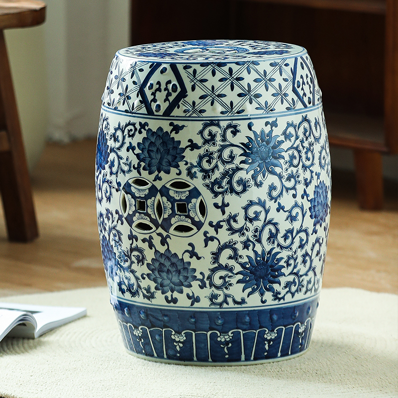 景德镇陶瓷手绘青花瓷墩茶室换鞋凳陶瓷鼓凳梳妆凳子新古典鼓墩