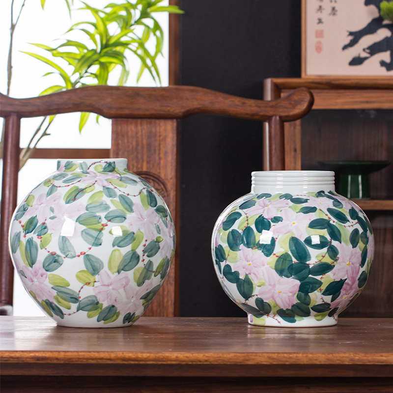 景德镇手绘绿色粉色花卉陶瓷