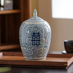 雨彤新品景德镇陶泥仿古手绘青花瓷花瓶摆件中式古香古色客厅复古