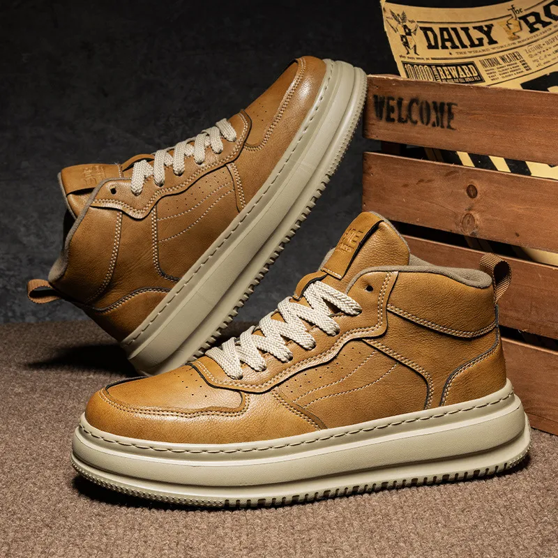 秋冬季新超纤皮面复古板鞋时尚百搭休闲工作系带厚底增高冷粘男鞋