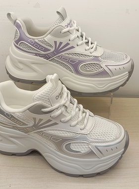 大东老爹鞋女鞋2025春季新款时尚休闲拼接粗跟系带高跟圆头c1326