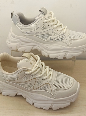 大东老爹鞋女鞋2025夏季新款休闲平底高跟系带圆头材质拼贴X3610