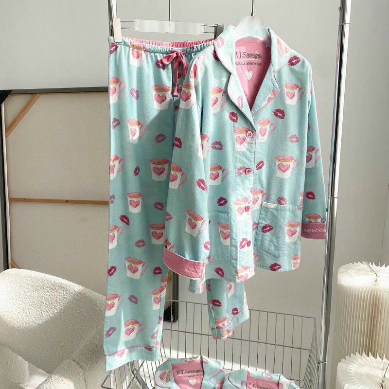 ins新款女士卡通可爱春秋纯棉磨毛绒布长袖保暖睡衣家居服套装PJS