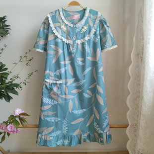纯棉梭织棉布睡裙女夏季公主风宽松孕妇大码睡衣短袖薄款连衣裙