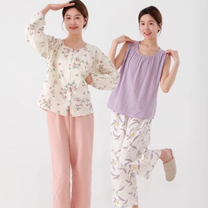 睡衣女春秋纯棉家居服全棉双层纱布拼色无袖背心女式款高级感