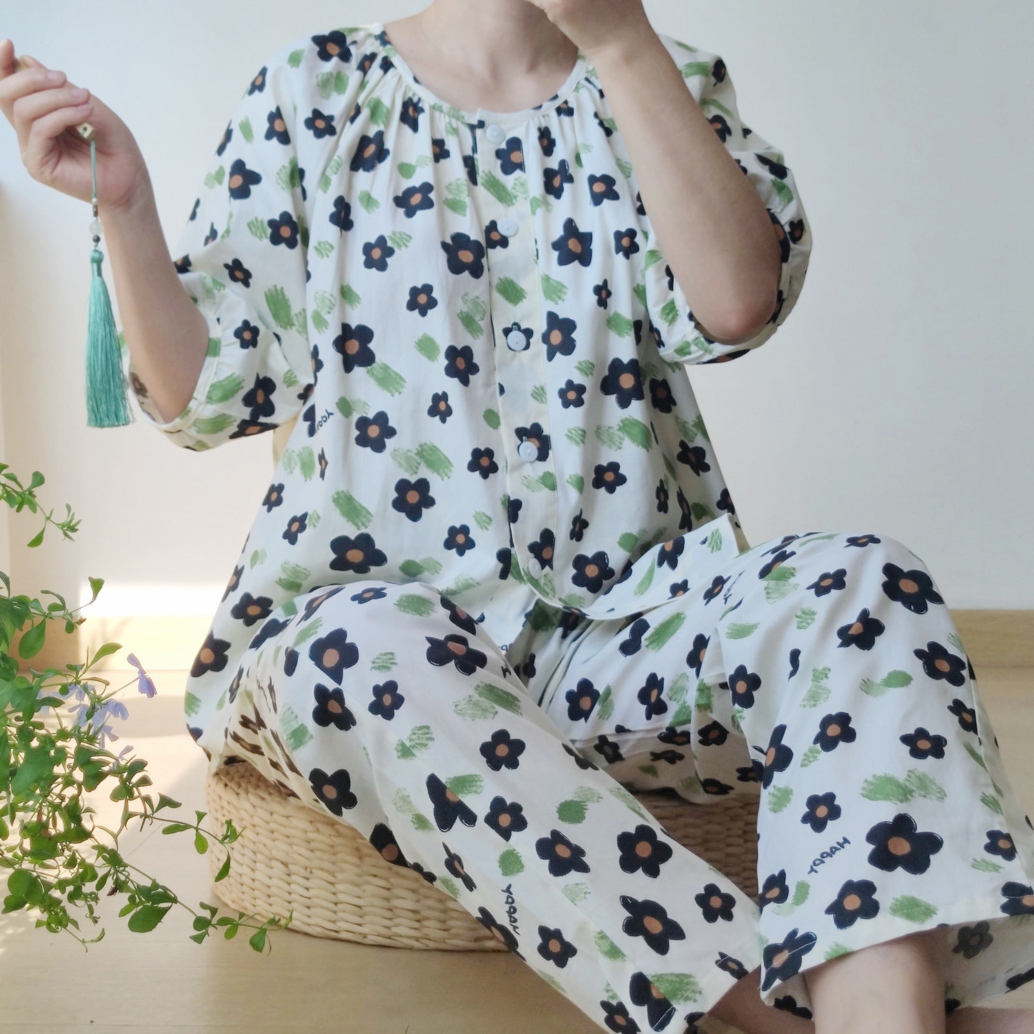 新款睡衣女春夏薄款纯棉梭织斜纹棉布中袖长裤双侧口袋家居服套装