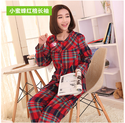 棉布睡衣女夏季纯棉长袖长裤加大码睡衣胖mm春秋格子家居服shuiyi