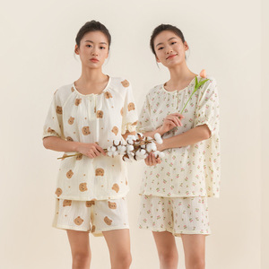 睡衣女100%全棉纱女士双层绉布柔软纯棉睡衣短袖家居服套夏季薄款