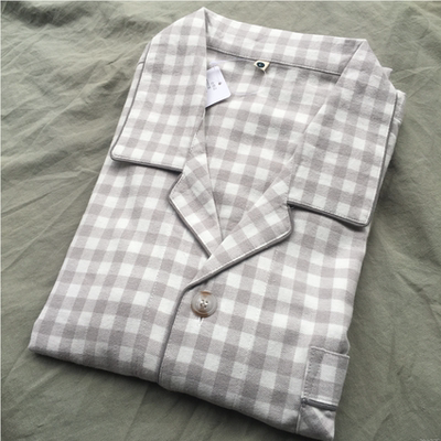 日系格子情侣女睡衣春秋纯棉磨毛绒布加厚男士秋冬长袖家居服套装