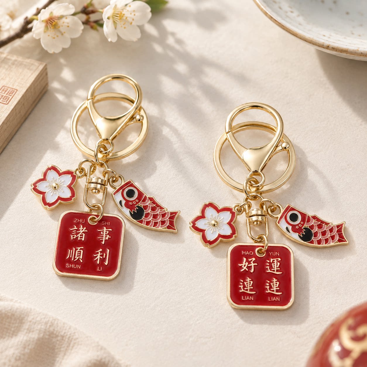 中国风文字钥匙扣创意锦鲤元素小礼物挂件个性卡通金属钥匙圈饰品