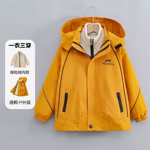 儿童男童可拆卸加绒防水冲锋衣外套2026新款春秋冬男孩三合一加厚
