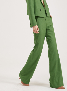 Uslonsrd笙声曼 羊毛西装裤绿色直筒阔腿长裤中腰职业正装ol显瘦