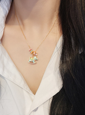 s925纯银珐琅彩马卡龙摇摇马项链