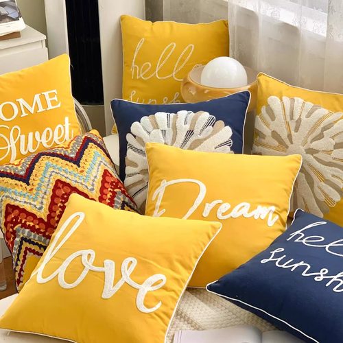 轻奢刺绣靠垫套北欧黄色全棉沙发客厅抱枕飘窗样板间靠背