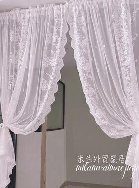 免打孔魔术贴穿杆窗帘窗纱帘法式白色蕾丝客厅阳台飘窗门帘短隔断