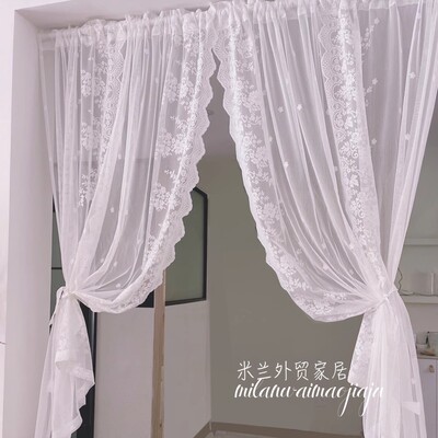 免打孔魔术贴穿杆窗帘窗纱帘法式白色蕾丝客厅阳台飘窗门帘短隔断