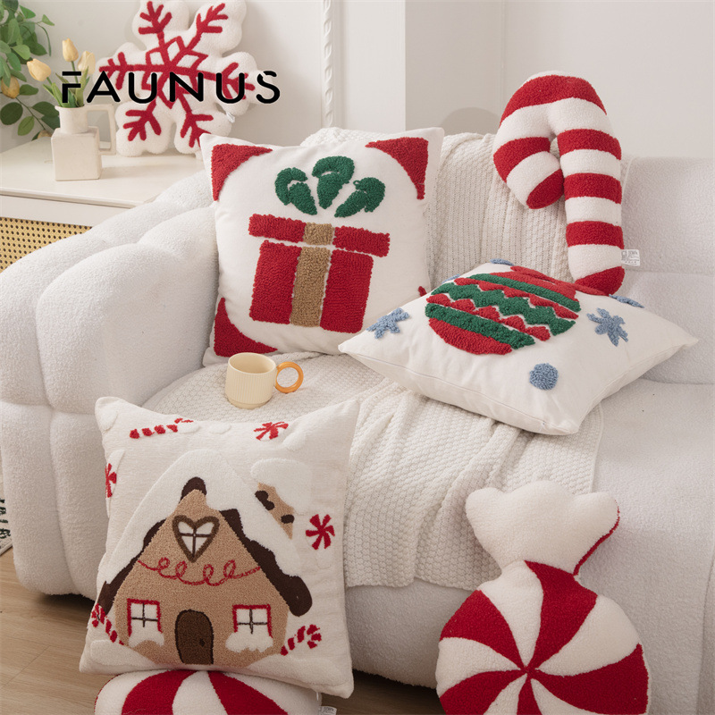 外贸新年圈绒北欧ins风圣诞节抱枕套圣诞麋鹿拐杖家居沙发靠垫